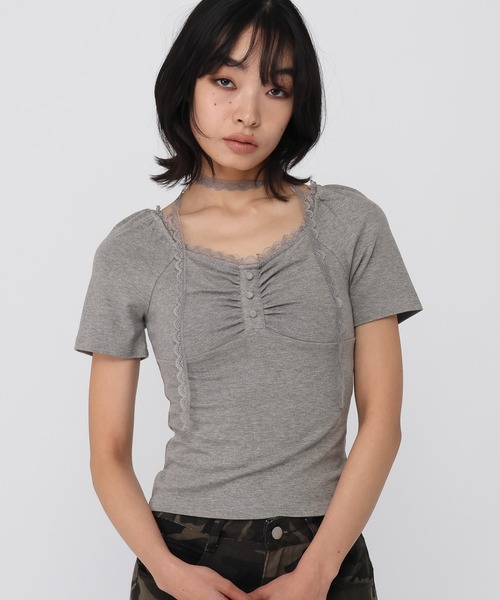 3.3 Field Trip (3.3フィールドトリップ)の「3.3 Field Trip/レースストールアソートショートスリーブトップス(Tシャツ/カットソー・レディース・カーキ/アイボリー/グレー/ブラック・FREE)」の2枚目の写真
