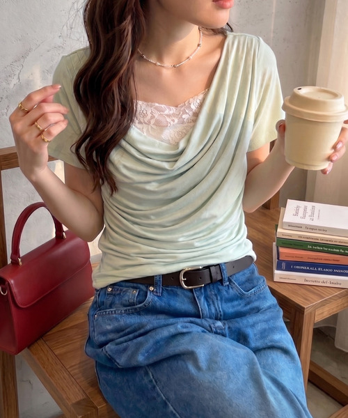 Ada.(エイダ)の「【涼感・さらっとなめらかなシルキータッチ】レース レイヤード ドレープ デザイン 半袖 カットソー(Tシャツ/カットソー・レディース・ブラック/ライトグリーン/ホワイト・FREE)」の1枚目の写真
