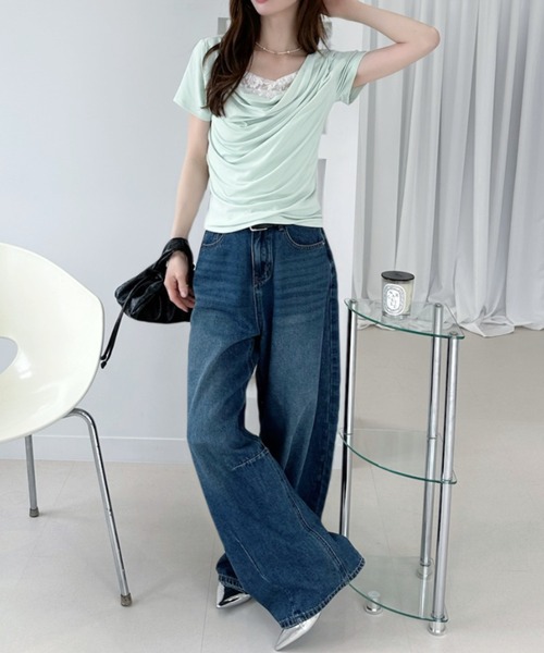 Ada.(エイダ)の「【涼感・さらっとなめらかなシルキータッチ】レース レイヤード ドレープ デザイン 半袖 カットソー(Tシャツ/カットソー・レディース・ブラック/ライトグリーン/ホワイト・FREE)」の19枚目の写真