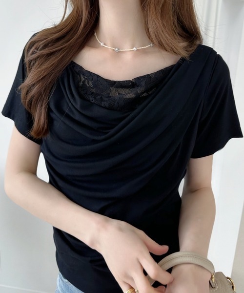 Ada.(エイダ)の「【涼感・さらっとなめらかなシルキータッチ】レース レイヤード ドレープ デザイン 半袖 カットソー(Tシャツ/カットソー・レディース・ブラック/ライトグリーン/ホワイト・FREE)」の9枚目の写真