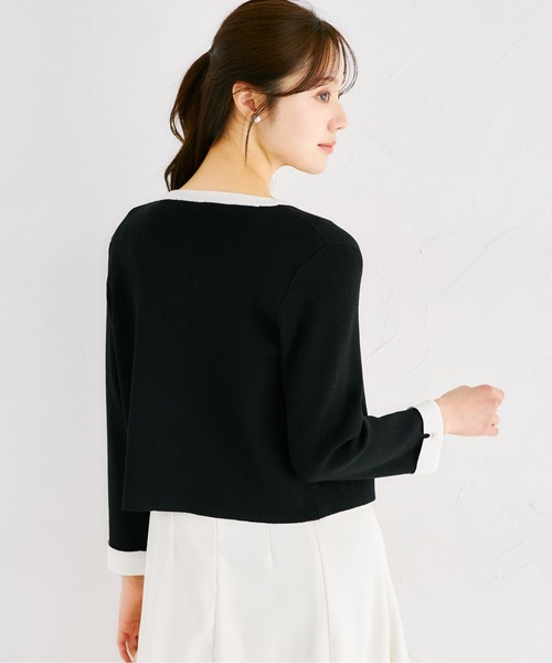 tocco closet(トッコ クローゼット)の「パール釦フロントレースバイカラーニットカーディガン(カーディガン/ボレロ・レディース・ネイビー/ベージュ/ブラック・M)」の8枚目の写真