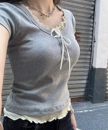 レイヤード風ヘンリーネック シャーリングリボンTシャツ