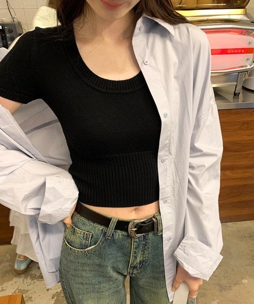 Miniministore(ミニミニストア)の「サマーニット Uネック クロップド丈夏服(Tシャツ/カットソー・レディース・ホワイト/ブラック/グレー・FREE)」の7枚目の写真