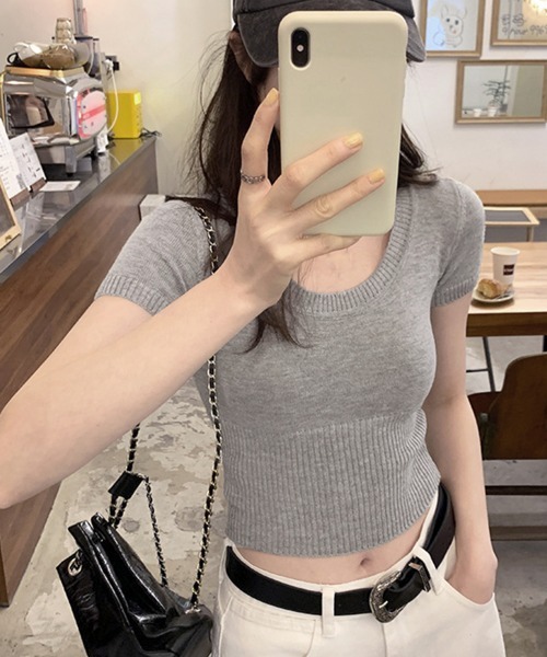 Miniministore(ミニミニストア)の「サマーニット Uネック クロップド丈夏服(Tシャツ/カットソー・レディース・ホワイト/ブラック/グレー・FREE)」の8枚目の写真