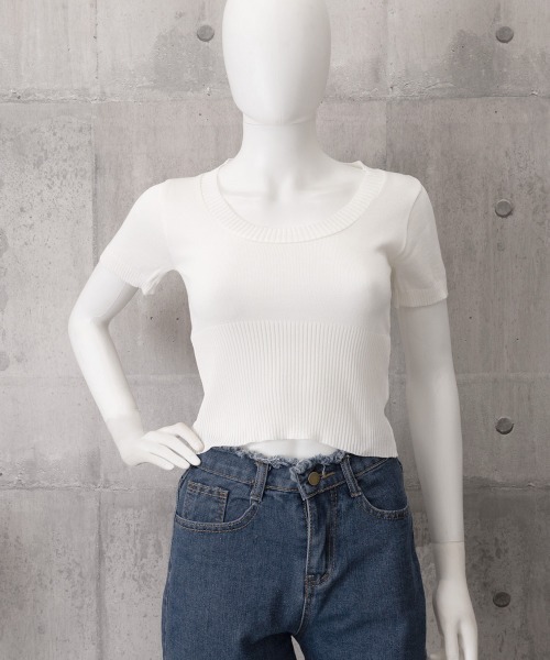 Miniministore(ミニミニストア)の「サマーニット Uネック クロップド丈夏服(Tシャツ/カットソー・レディース・ホワイト/ブラック/グレー・FREE)」の9枚目の写真