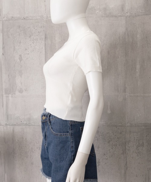 Miniministore(ミニミニストア)の「サマーニット Uネック クロップド丈夏服(Tシャツ/カットソー・レディース・ホワイト/ブラック/グレー・FREE)」の10枚目の写真