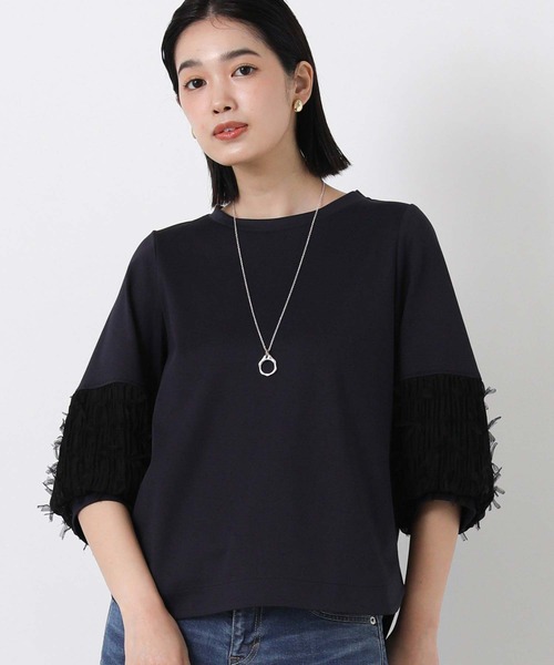 Gready Brilliant(グレディブリリアン)の「ポンチ袖リボンパフ7分カットソー(Tシャツ/カットソー・レディース・ネイビー系/オフホワイト・38)」の2枚目の写真
