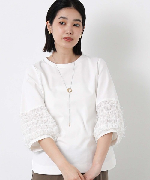 Gready Brilliant(グレディブリリアン)の「ポンチ袖リボンパフ7分カットソー(Tシャツ/カットソー・レディース・ネイビー系/オフホワイト・38)」の1枚目の写真