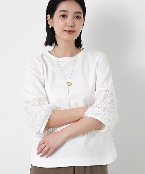 Gready Brilliant(グレディブリリアン)の「ポンチ袖リボンパフ7分カットソー(Tシャツ/カットソー・レディース・ネイビー系/オフホワイト・38)」の16枚目の写真