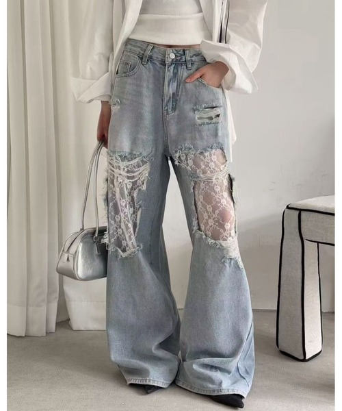 inst.ALL(インストール)の「ダメージレースデニムワイドパンツ(デニムパンツ・レディース・サックスブルー・L/M/S/LL)」の1枚目の写真