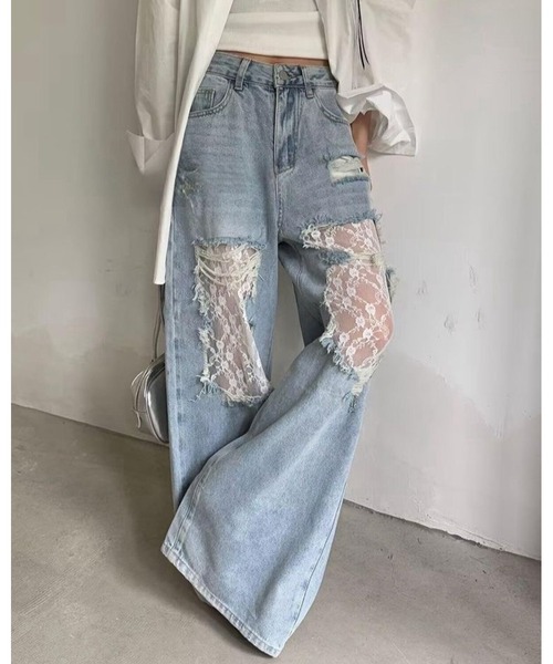 inst.ALL(インストール)の「ダメージレースデニムワイドパンツ(デニムパンツ・レディース・サックスブルー・L/M/S/LL)」の2枚目の写真