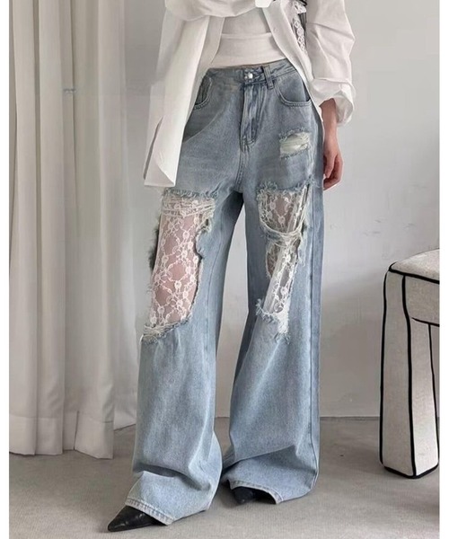 inst.ALL(インストール)の「ダメージレースデニムワイドパンツ(デニムパンツ・レディース・サックスブルー・L/M/S/LL)」の3枚目の写真