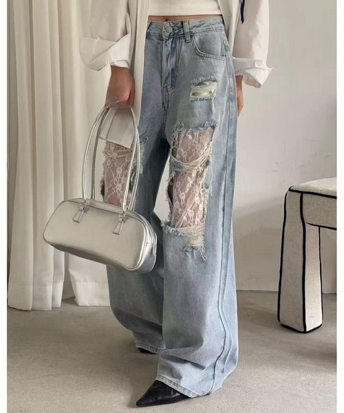 inst.ALL(インストール)の「ダメージレースデニムワイドパンツ(デニムパンツ・レディース・サックスブルー・L/M/S/LL)」の5枚目の写真