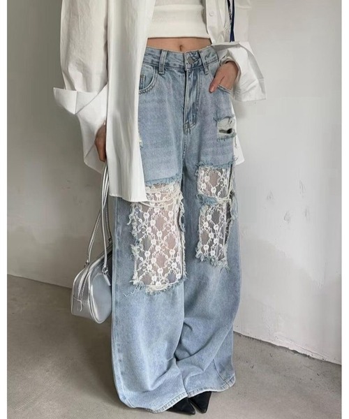 inst.ALL(インストール)の「ダメージレースデニムワイドパンツ(デニムパンツ・レディース・サックスブルー・L/M/S/LL)」の6枚目の写真