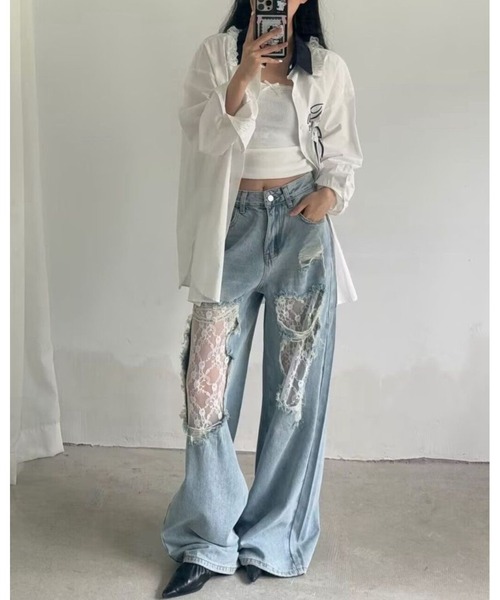 inst.ALL(インストール)の「ダメージレースデニムワイドパンツ(デニムパンツ・レディース・サックスブルー・L/M/S/LL)」の7枚目の写真