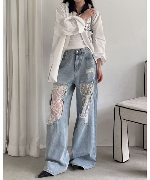 inst.ALL(インストール)の「ダメージレースデニムワイドパンツ(デニムパンツ・レディース・サックスブルー・L/M/S/LL)」の8枚目の写真