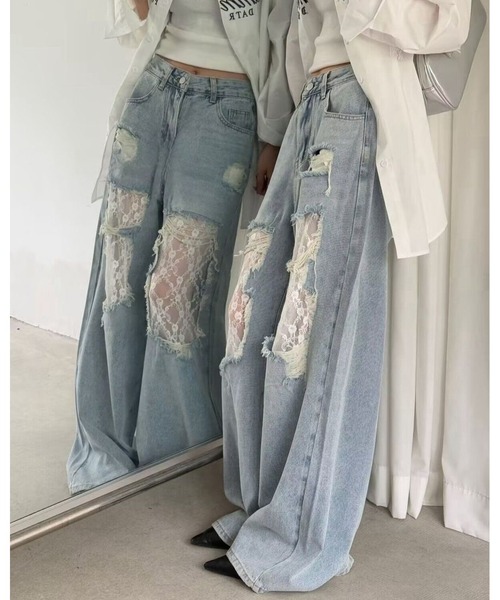 inst.ALL(インストール)の「ダメージレースデニムワイドパンツ(デニムパンツ・レディース・サックスブルー・L/M/S/LL)」の9枚目の写真