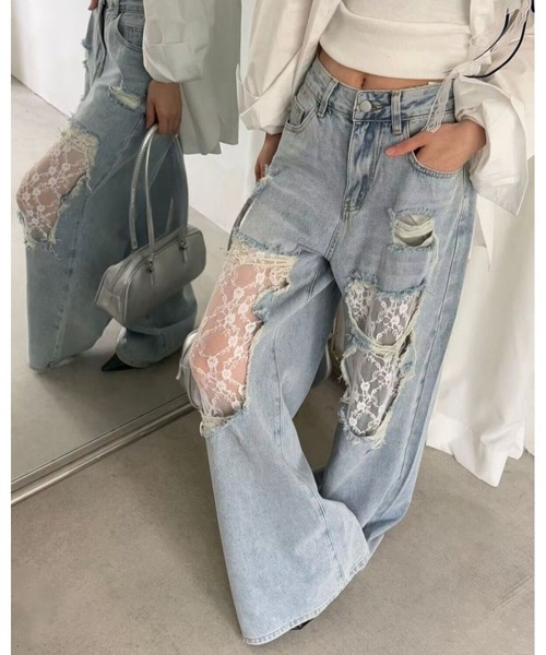 inst.ALL(インストール)の「ダメージレースデニムワイドパンツ(デニムパンツ・レディース・サックスブルー・L/M/S/LL)」の10枚目の写真
