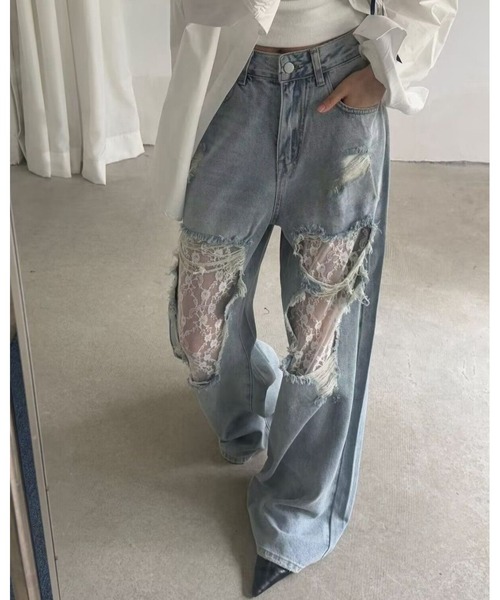 inst.ALL(インストール)の「ダメージレースデニムワイドパンツ(デニムパンツ・レディース・サックスブルー・L/M/S/LL)」の11枚目の写真