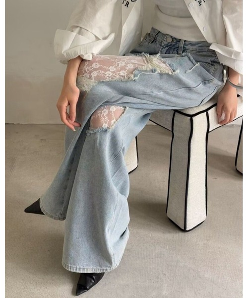 inst.ALL(インストール)の「ダメージレースデニムワイドパンツ(デニムパンツ・レディース・サックスブルー・L/M/S/LL)」の12枚目の写真