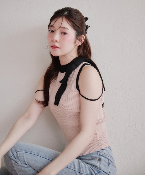 fupel(フぺル)の「bicolor american sleeve ribbon tops / バイカラーアメスリリボントップス(ニット/セーター・レディース・グレー/ピンク・FREE)」の20枚目の写真