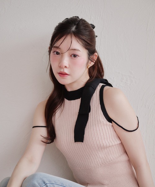 fupel(フぺル)の「bicolor american sleeve ribbon tops / バイカラーアメスリリボントップス(ニット/セーター・レディース・グレー/ピンク・FREE)」の19枚目の写真