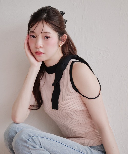 fupel(フぺル)の「bicolor american sleeve ribbon tops / バイカラーアメスリリボントップス(ニット/セーター・レディース・グレー/ピンク・FREE)」の21枚目の写真