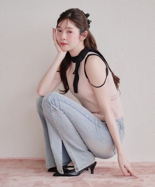 fupel(フぺル)の「bicolor american sleeve ribbon tops / バイカラーアメスリリボントップス(ニット/セーター・レディース・グレー/ピンク・FREE)」の22枚目の写真