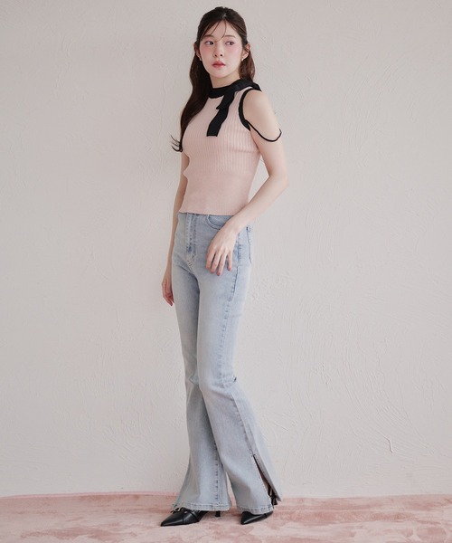 fupel(フぺル)の「bicolor american sleeve ribbon tops / バイカラーアメスリリボントップス(ニット/セーター・レディース・グレー/ピンク・FREE)」の5枚目の写真