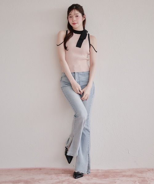 fupel(フぺル)の「bicolor american sleeve ribbon tops / バイカラーアメスリリボントップス(ニット/セーター・レディース・グレー/ピンク・FREE)」の4枚目の写真