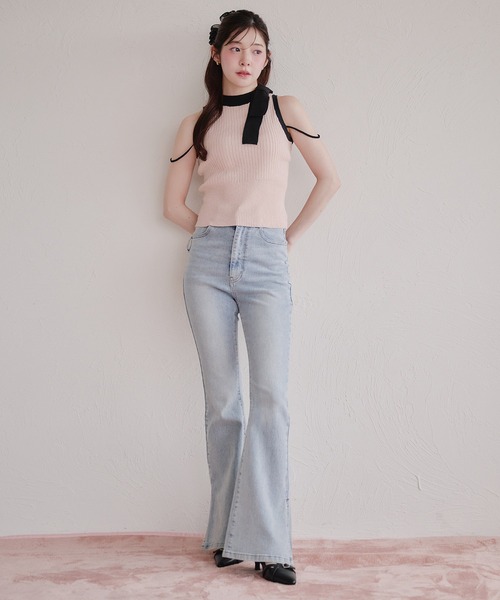 fupel(フぺル)の「bicolor american sleeve ribbon tops / バイカラーアメスリリボントップス(ニット/セーター・レディース・グレー/ピンク・FREE)」の3枚目の写真
