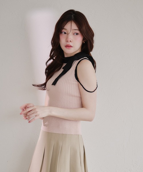 fupel(フぺル)の「bicolor american sleeve ribbon tops / バイカラーアメスリリボントップス(ニット/セーター・レディース・グレー/ピンク・FREE)」の9枚目の写真