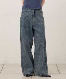 Kastane | 【2サイズ展開/ウエスト調節可】ビジューフラワーデニム(デニムパンツ)