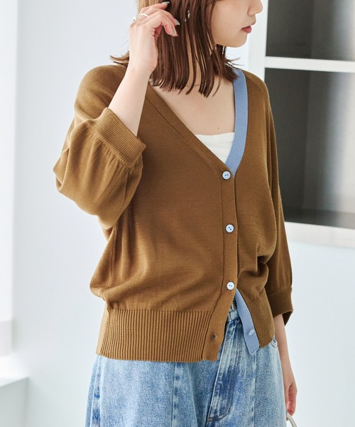 LAVEANGE(ラビアンジェ)の「【好機能シリーズ】接触冷感|シルク混配色ニットカーディガン|ひんやり/バイカラー/夏羽織/冷房対策(カーディガン/ボレロ・レディース・ブラック/ブラウン/グレイッシュベージュ・4L/3L/F)」の5枚目の写真