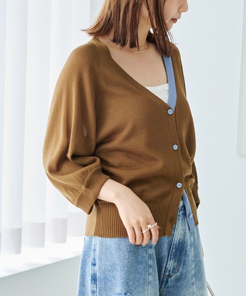 LAVEANGE(ラビアンジェ)の「【好機能シリーズ】接触冷感|シルク混配色ニットカーディガン|ひんやり/バイカラー/夏羽織/冷房対策(カーディガン/ボレロ・レディース・ブラック/ブラウン/グレイッシュベージュ・4L/3L/F)」の7枚目の写真