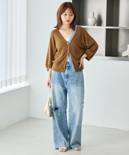 LAVEANGE(ラビアンジェ)の「【好機能シリーズ】接触冷感|シルク混配色ニットカーディガン|ひんやり/バイカラー/夏羽織/冷房対策(カーディガン/ボレロ・レディース・ブラック/ブラウン/グレイッシュベージュ・4L/3L/F)」の11枚目の写真