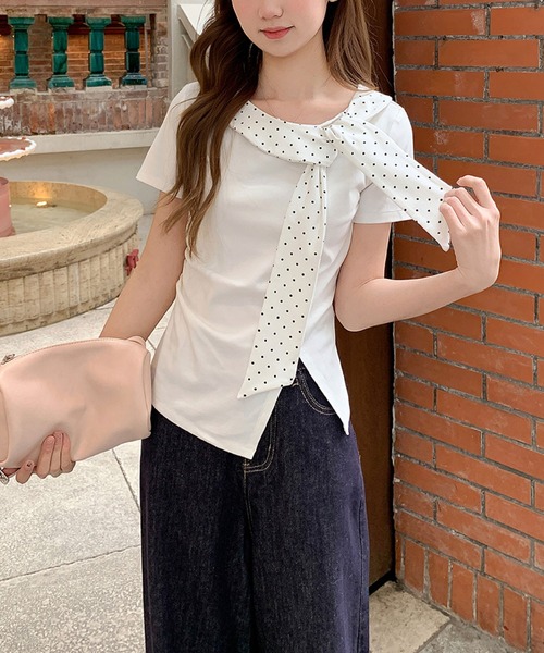 2ly2(トゥーリートゥー)の「ドットリボンデザイン半袖フィットトップス アシンメトリーカットソー レディース(Tシャツ/カットソー・レディース・グレー/ホワイト・FREE)」の12枚目の写真