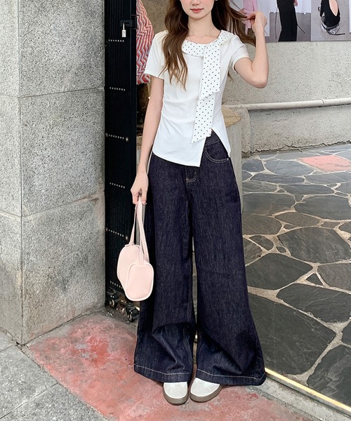 2ly2(トゥーリートゥー)の「ドットリボンデザイン半袖フィットトップス アシンメトリーカットソー レディース(Tシャツ/カットソー・レディース・グレー/ホワイト・FREE)」の5枚目の写真