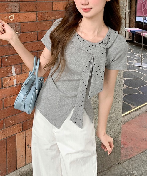 2ly2(トゥーリートゥー)の「ドットリボンデザイン半袖フィットトップス アシンメトリーカットソー レディース(Tシャツ/カットソー・レディース・グレー/ホワイト・FREE)」の7枚目の写真