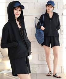 TeddyShop | 【UVカット率99.9%以上/UPF50+/2WAYフード取り外し可】長袖ジップアップUVパーカーラッシュガードトップス+ショートパンツ 上下2点セット レディース(パーカー)