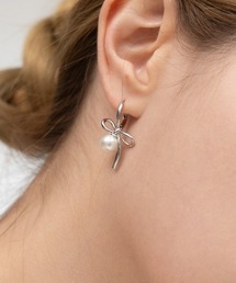 リボン パール ワンタッチ フープ ピアス