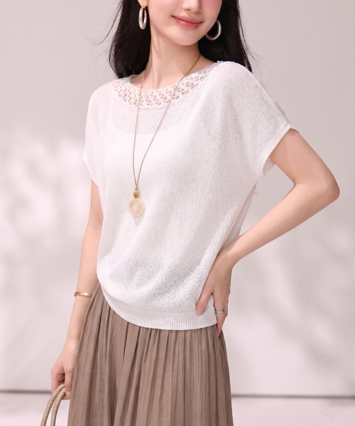 LUCPY（ラクピー）の「レースネックドルマンサマーニット（ニット/セーター・レディース・ホワイト・MEDIUM/SMALL/X-LARGE/LARGE）」の2枚目の写真