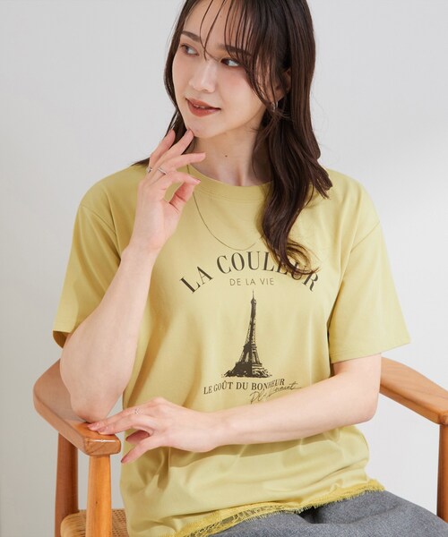 SHOO・LA・RUE(シューラルー)の「【ひんやり/UV/S-LL/洗濯機可】選べる3柄 裾レースプリントTシャツ(Tシャツ/カットソー・レディース・ホワイト/チャコールグレー/イエロー/ブラック/ナチュラル/ベビーピンク・01/04/03/02)」の5枚目の写真