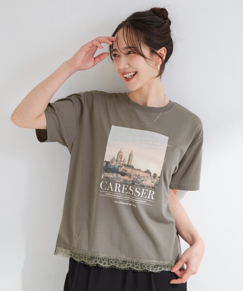 SHOO・LA・RUE(シューラルー)の「【ひんやり/UV/S-LL/洗濯機可】選べる3柄 裾レースプリントTシャツ(Tシャツ/カットソー・レディース・ホワイト/チャコールグレー/イエロー/ブラック/ナチュラル/ベビーピンク・01/04/03/02)」の11枚目の写真