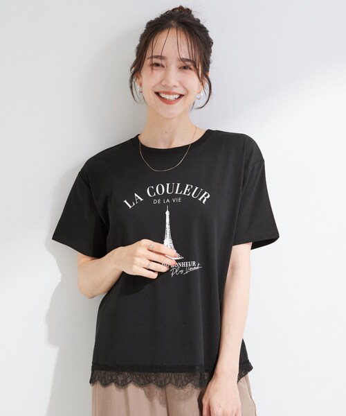 SHOO・LA・RUE(シューラルー)の「【ひんやり/UV/S-LL/洗濯機可】選べる3柄 裾レースプリントTシャツ(Tシャツ/カットソー・レディース・ホワイト/チャコールグレー/イエロー/ブラック/ナチュラル/ベビーピンク・01/04/03/02)」の15枚目の写真