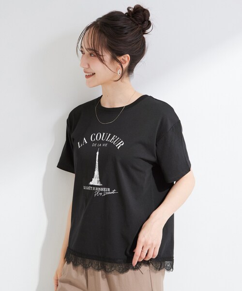 SHOO・LA・RUE(シューラルー)の「【ひんやり/UV/S-LL/洗濯機可】選べる3柄 裾レースプリントTシャツ(Tシャツ/カットソー・レディース・ホワイト/チャコールグレー/イエロー/ブラック/ナチュラル/ベビーピンク・01/04/03/02)」の16枚目の写真