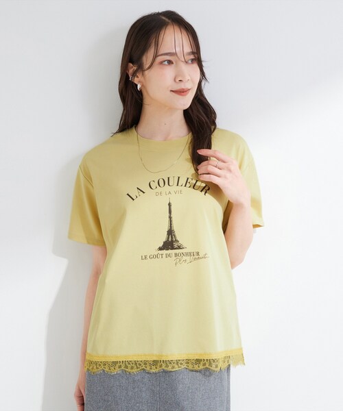 SHOO・LA・RUE(シューラルー)の「【ひんやり/UV/S-LL/洗濯機可】選べる3柄 裾レースプリントTシャツ(Tシャツ/カットソー・レディース・ホワイト/チャコールグレー/イエロー/ブラック/ナチュラル/ベビーピンク・01/04/03/02)」の19枚目の写真
