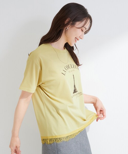 SHOO・LA・RUE(シューラルー)の「【ひんやり/UV/S-LL/洗濯機可】選べる3柄 裾レースプリントTシャツ(Tシャツ/カットソー・レディース・ホワイト/チャコールグレー/イエロー/ブラック/ナチュラル/ベビーピンク・01/04/03/02)」の20枚目の写真