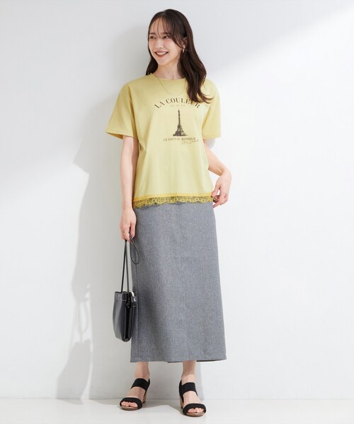 SHOO・LA・RUE(シューラルー)の「【ひんやり/UV/S-LL/洗濯機可】選べる3柄 裾レースプリントTシャツ(Tシャツ/カットソー・レディース・ホワイト/チャコールグレー/イエロー/ブラック/ナチュラル/ベビーピンク・01/04/03/02)」の21枚目の写真