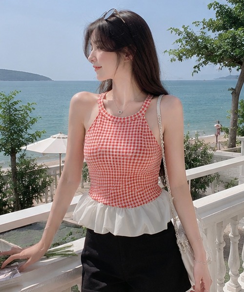 Nia（ニア）の「Nia(ニア)/【カップ付き】バルーンヘムギンガムチェックトップス（Tシャツ/カットソー・レディース・ブルー/ブラック/レッド・FREE）」の22枚目の写真